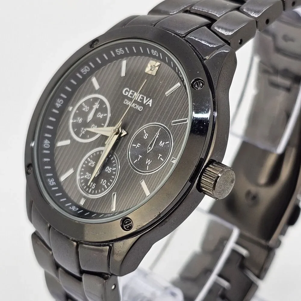 Geneva Diamond Men Quartz Watch 42MM Black Dial Bracelet Band 7.75